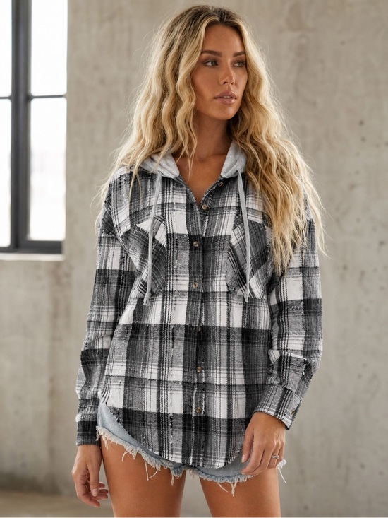 Very J Jackets & Blazers - NWT Very J Distressed Button Down 90’s Grunge Flannel Hoodie Plaid Hooded Jacket